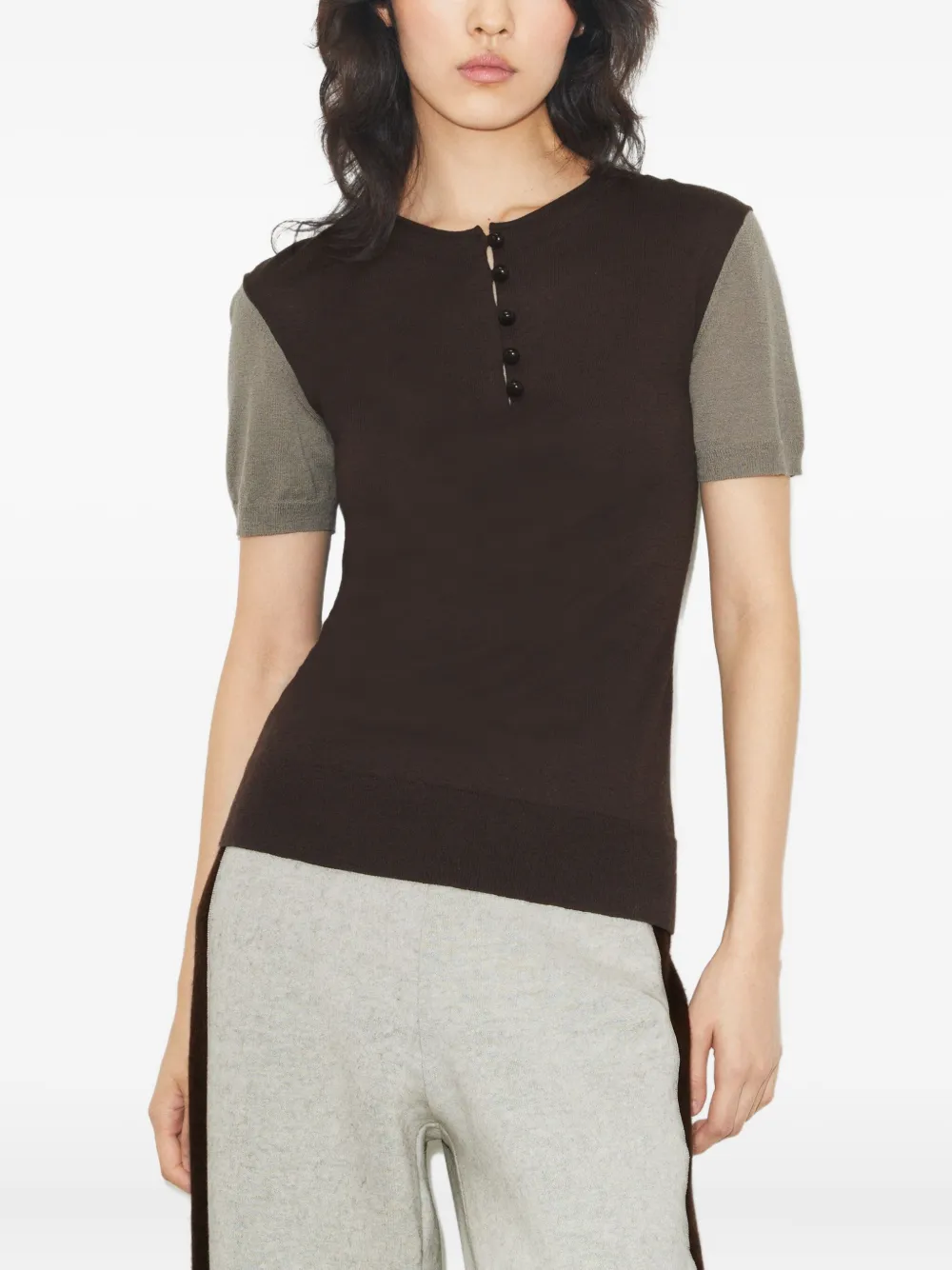 Tory Burch Button Wool Henley T-shirt In Brown