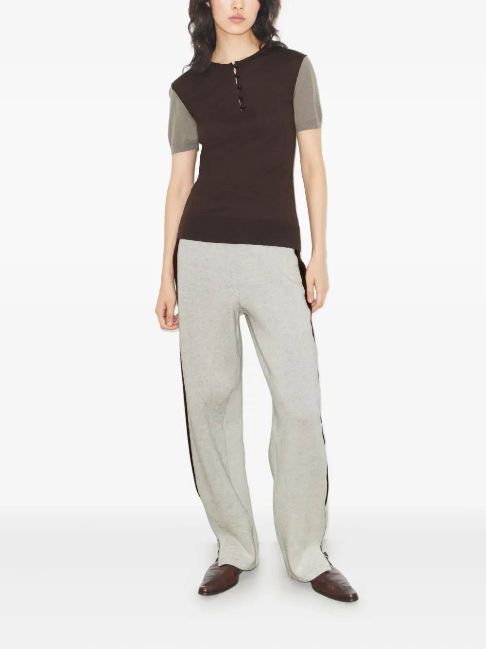 Tory Burch Button Wool Henley T-shirt In Brown