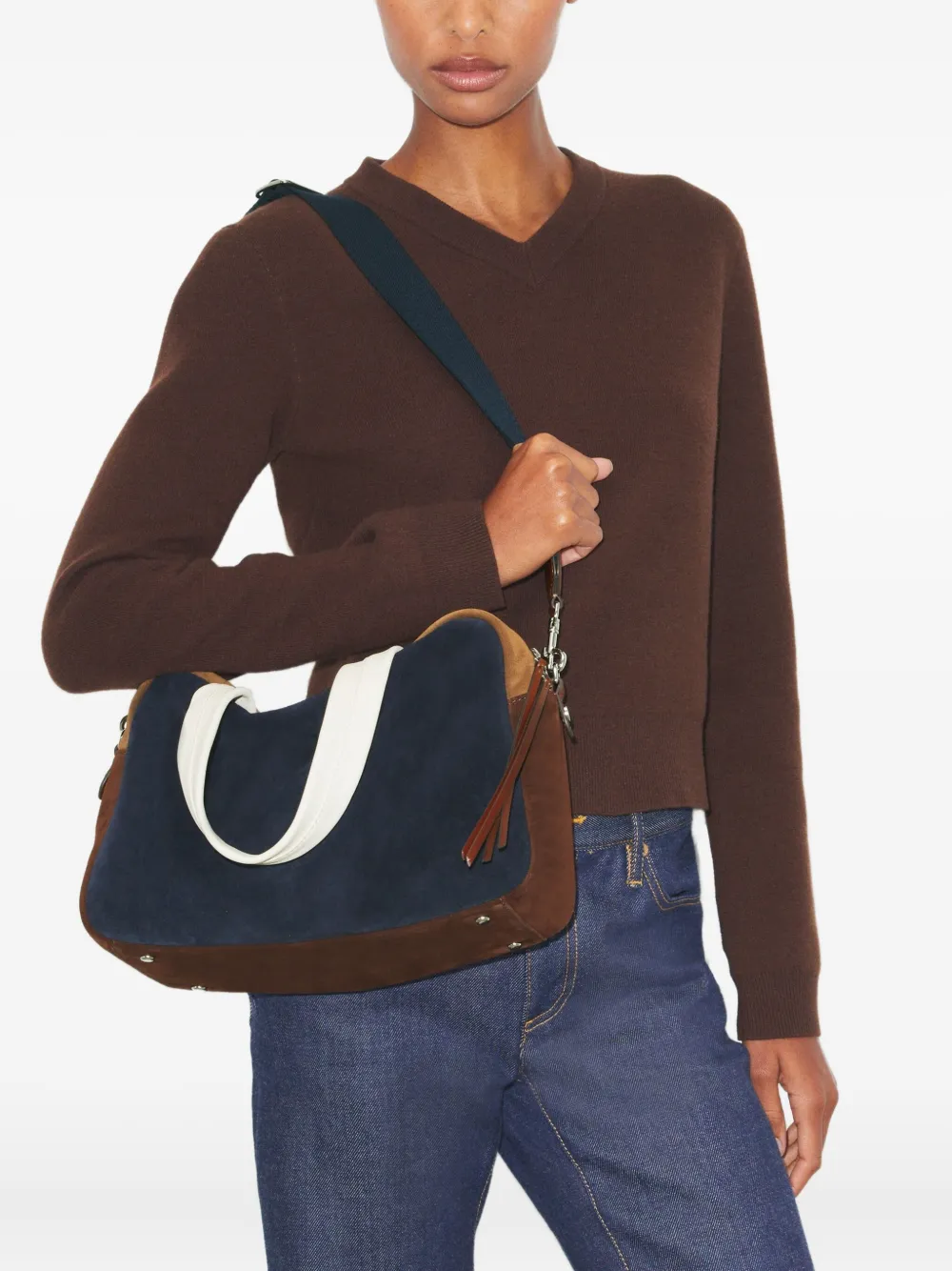 Tory Burch Colorblock Suede Satchel Bag In Blue