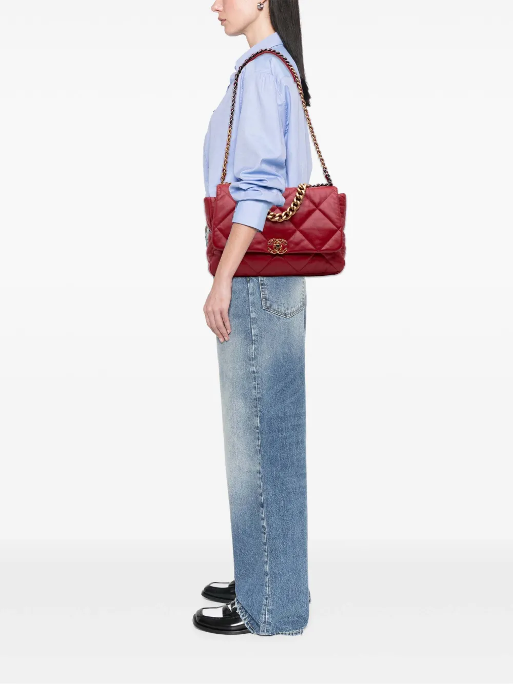 Pre-owned Chanel 2019 Maxi Lambskin 19 Flap Satchel In Red