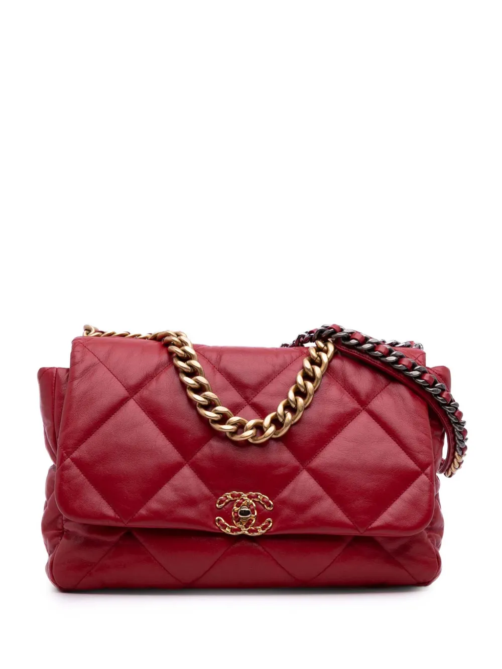 Pre-owned Chanel 2019 Maxi Lambskin 19 Flap Satchel In Red