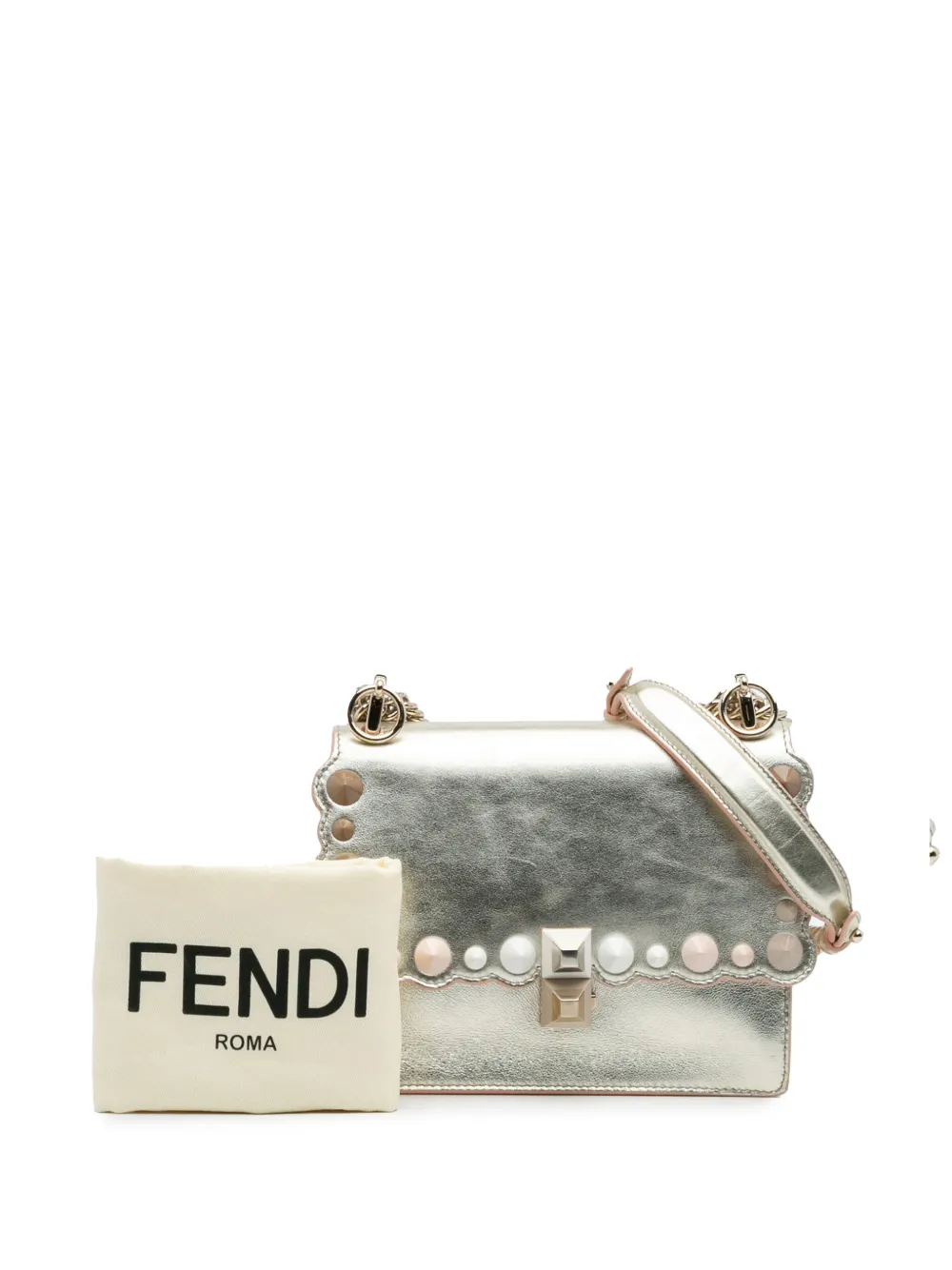 Pre-owned Fendi 2010-2025 Small Scalloped Metallic Calfskin Studded Pearl Kan I Crossbody Bag In Silver