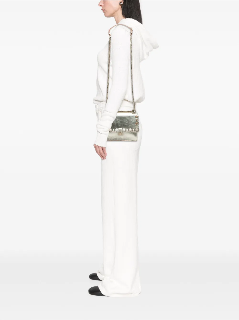 Pre-owned Fendi 2010-2025 Small Scalloped Metallic Calfskin Studded Pearl Kan I Crossbody Bag In Silver