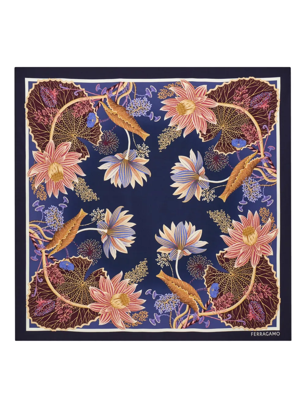 Ferragamo Water Lilies Print Silk Scarf In Blue