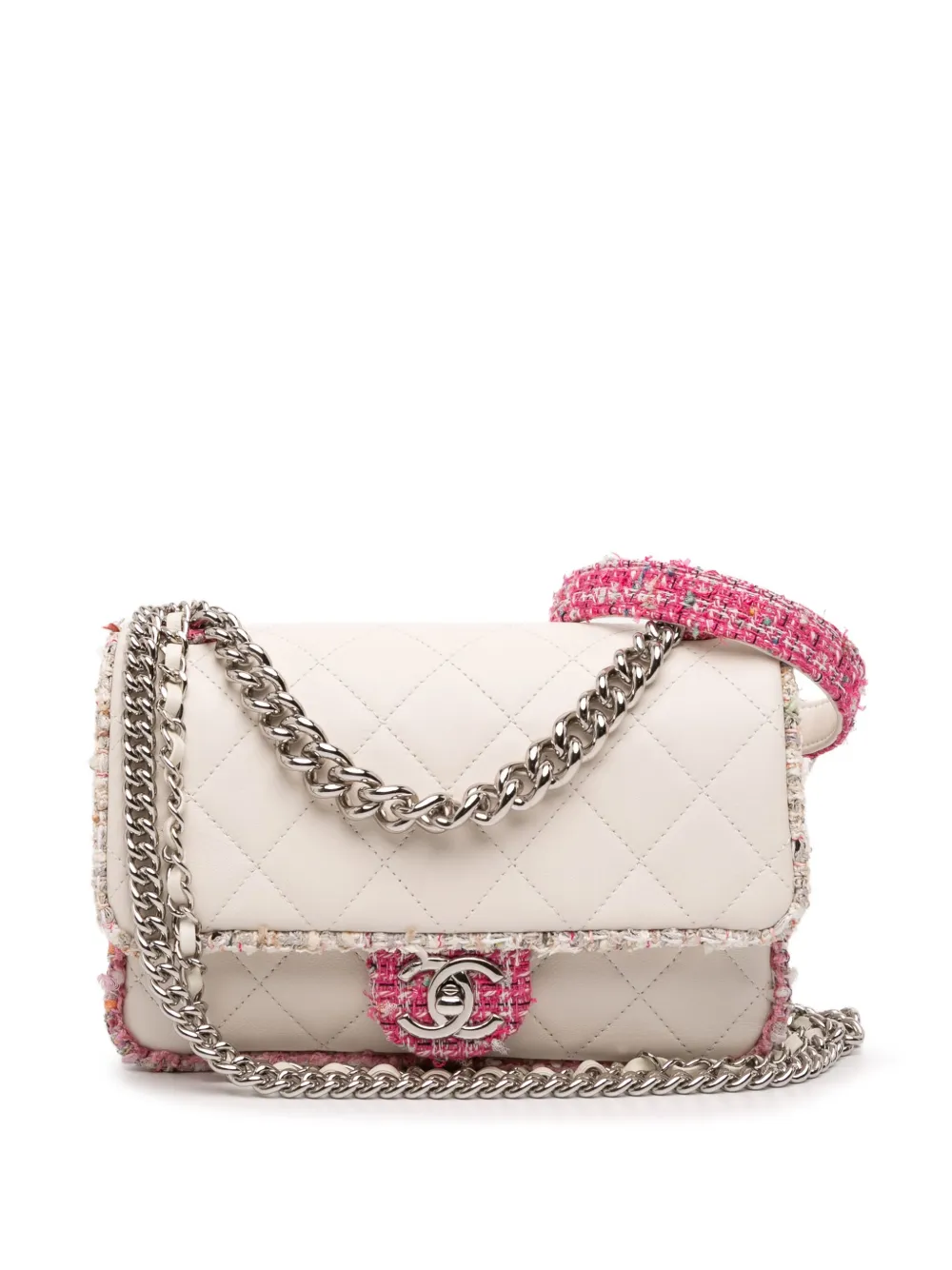 Pre-owned Chanel 2019 Quilted Lambskin And Tweed Elegant Trim Flap Satchel In White