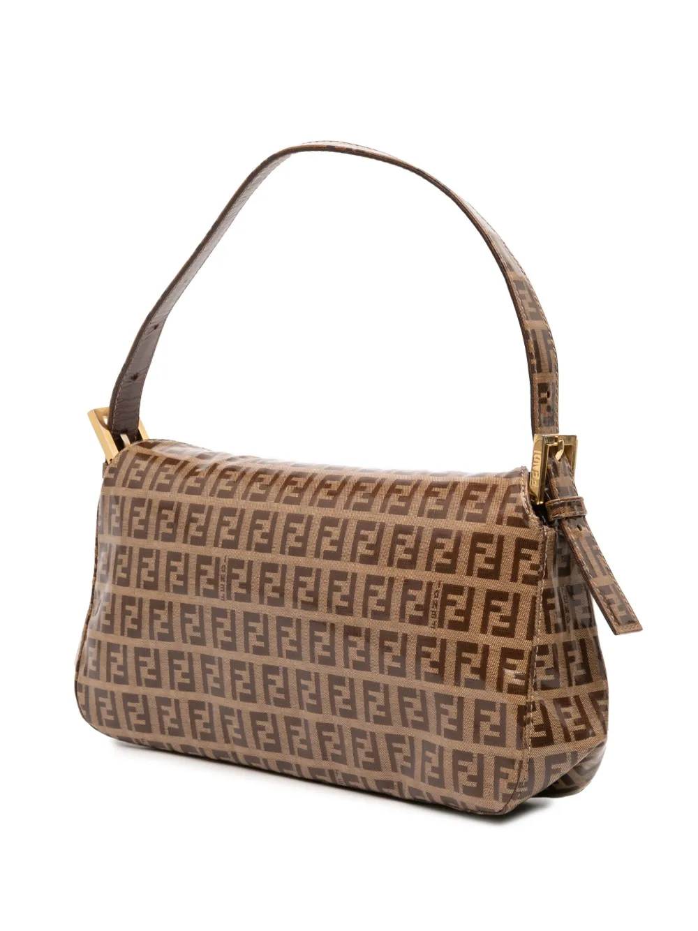 Pre-owned Fendi 2010-2025 Zucchino Crystal Double Flap Shoulder Bag In Brown