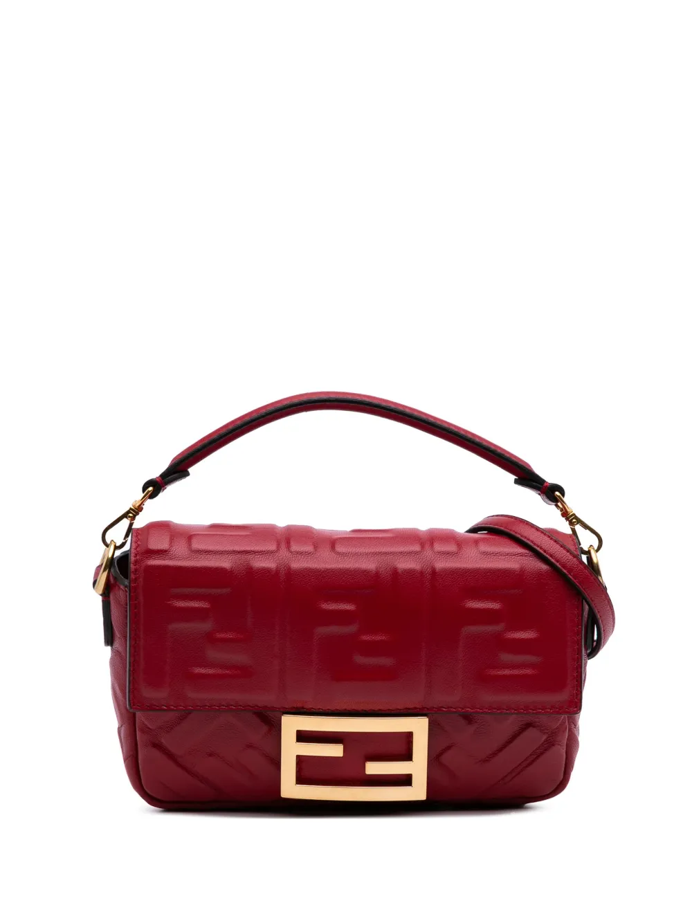 Pre-owned Fendi 2010-2025 Mini Zucca Embossed Leather Baguette Satchel In Red