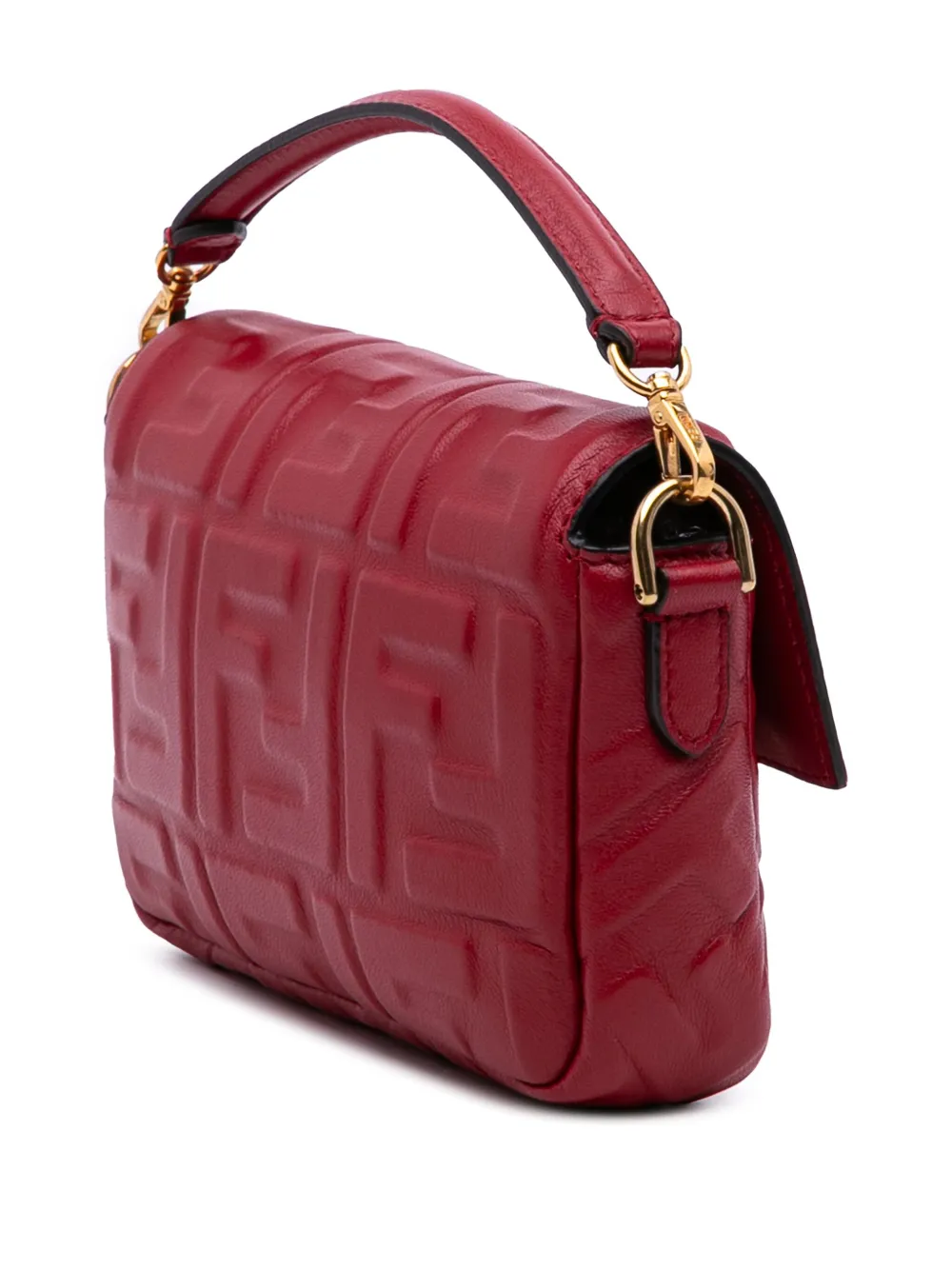 Pre-owned Fendi 2010-2025 Mini Zucca Embossed Leather Baguette Satchel In Red