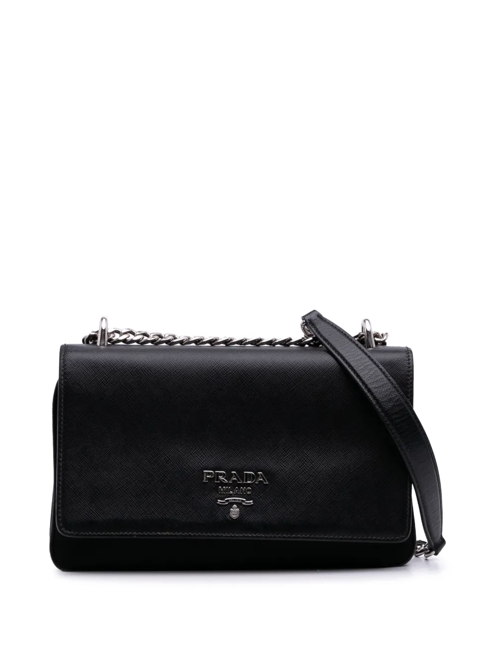 Pre-owned Prada 2000-2013 Saffiano Trimmed Tessuto Chain Crossbody Bag In Black