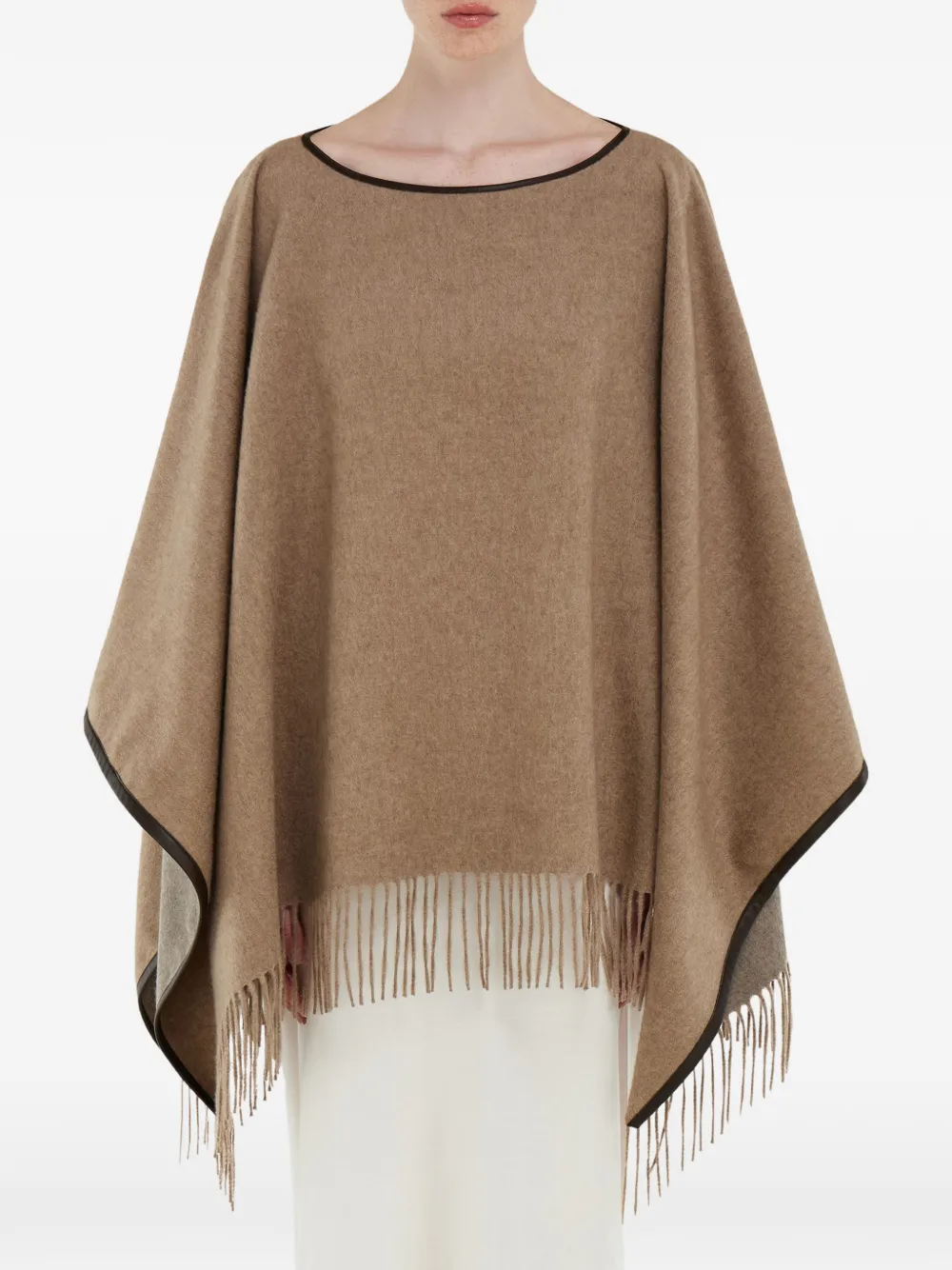 Ferragamo Fringe Leather Trim Cape In Brown