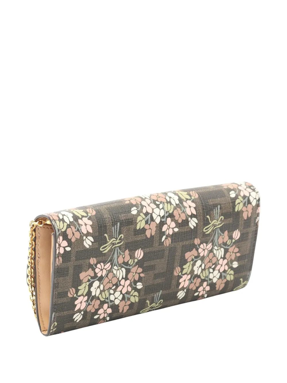 Pre-owned Fendi 2010-2025 Zucca Coated Canvas Flower Bouquet Roma Continental Wallet With Chain Crossbody Bag In Brown