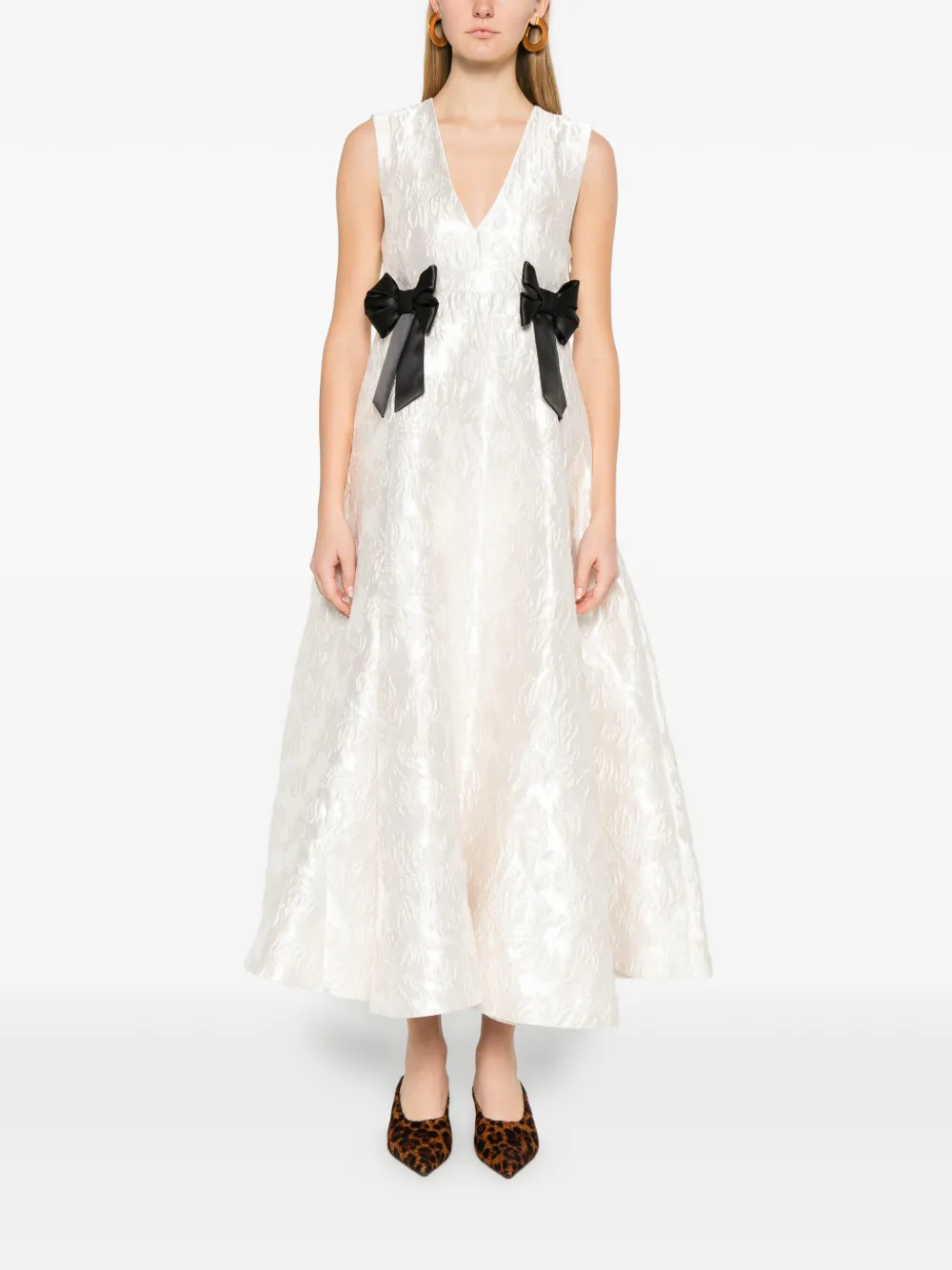 GANNI bow V-neck midi dress - Beige