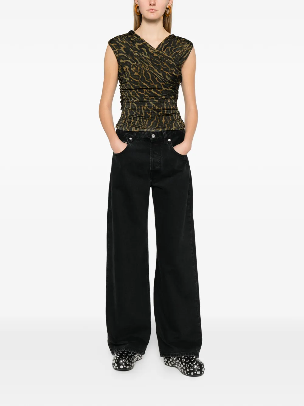  Ganni Leopard-print Gathered Blouse - Brown 