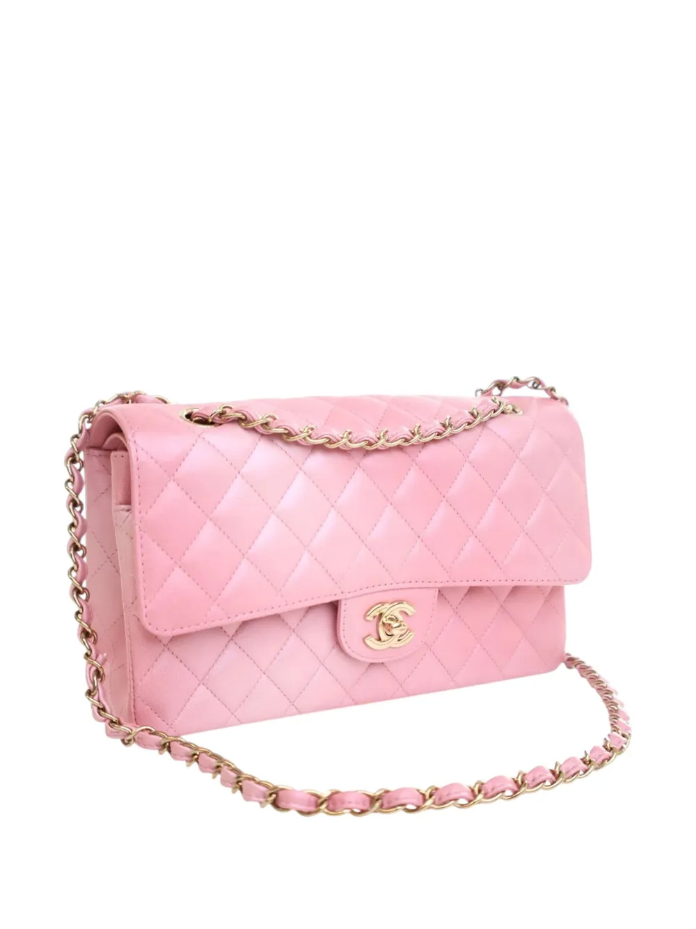 Pre-owned Chanel 2021-2025 Medium Classic Iridescent Lambskin Double Flap Shoulder Bag In Pink