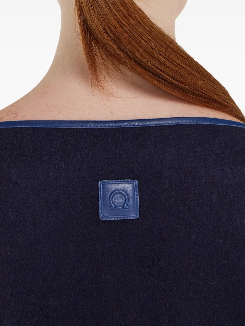 Ferragamo Leather Trim Fringed Cashmere Cape In Blue