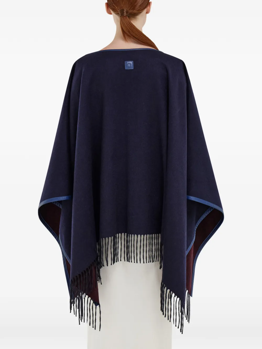 Ferragamo Leather Trim Fringed Cashmere Cape In Blue