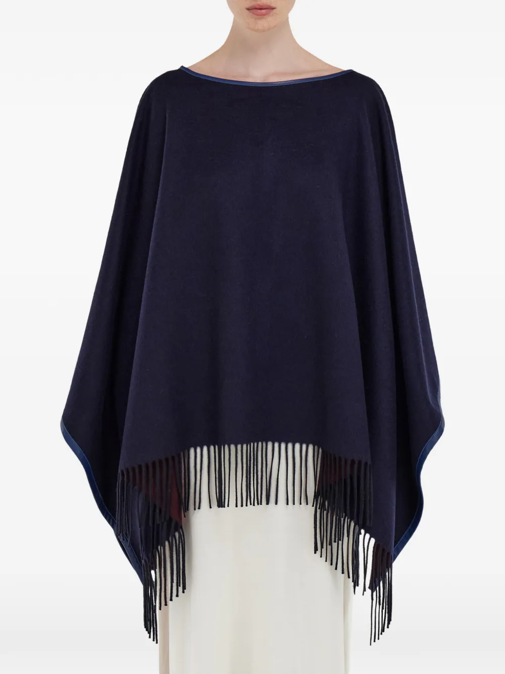 Ferragamo Leather Trim Fringed Cashmere Cape In Blue