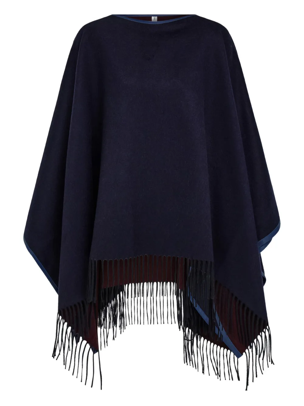 Ferragamo Leather Trim Fringed Cashmere Cape In Blue
