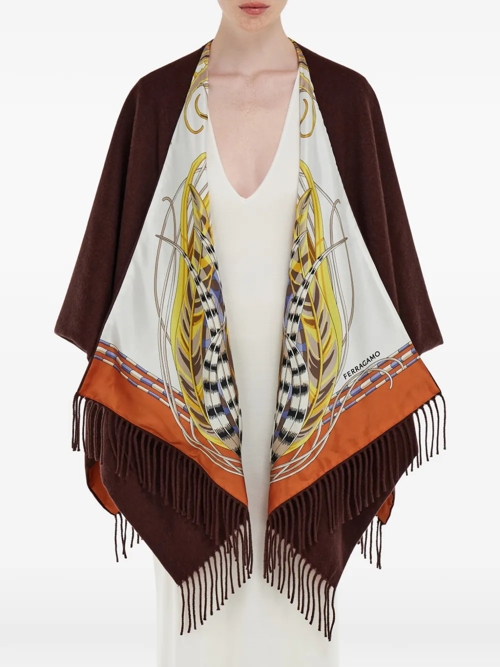 Ferragamo Rooster-print Fringed Reversible Poncho In Multi