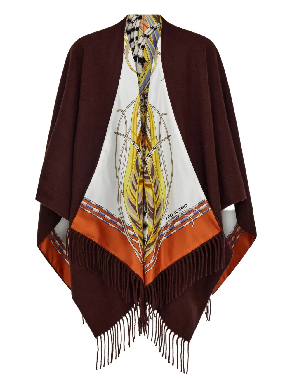 Ferragamo Rooster-print Fringed Reversible Poncho In Multi