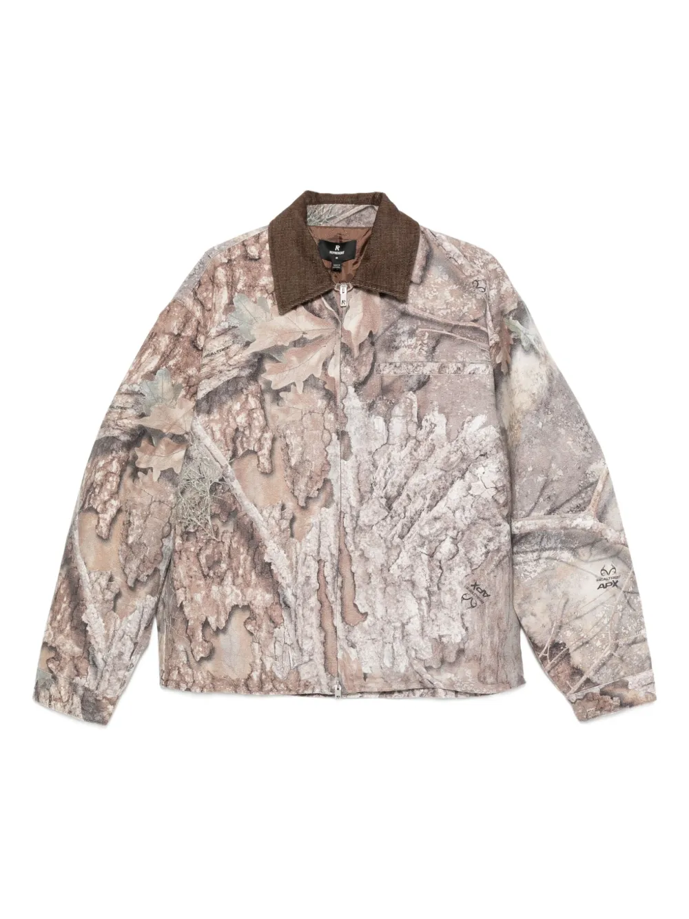 Represent corduroy-collar camouflage trucker jacket | Neutrals | Image 1