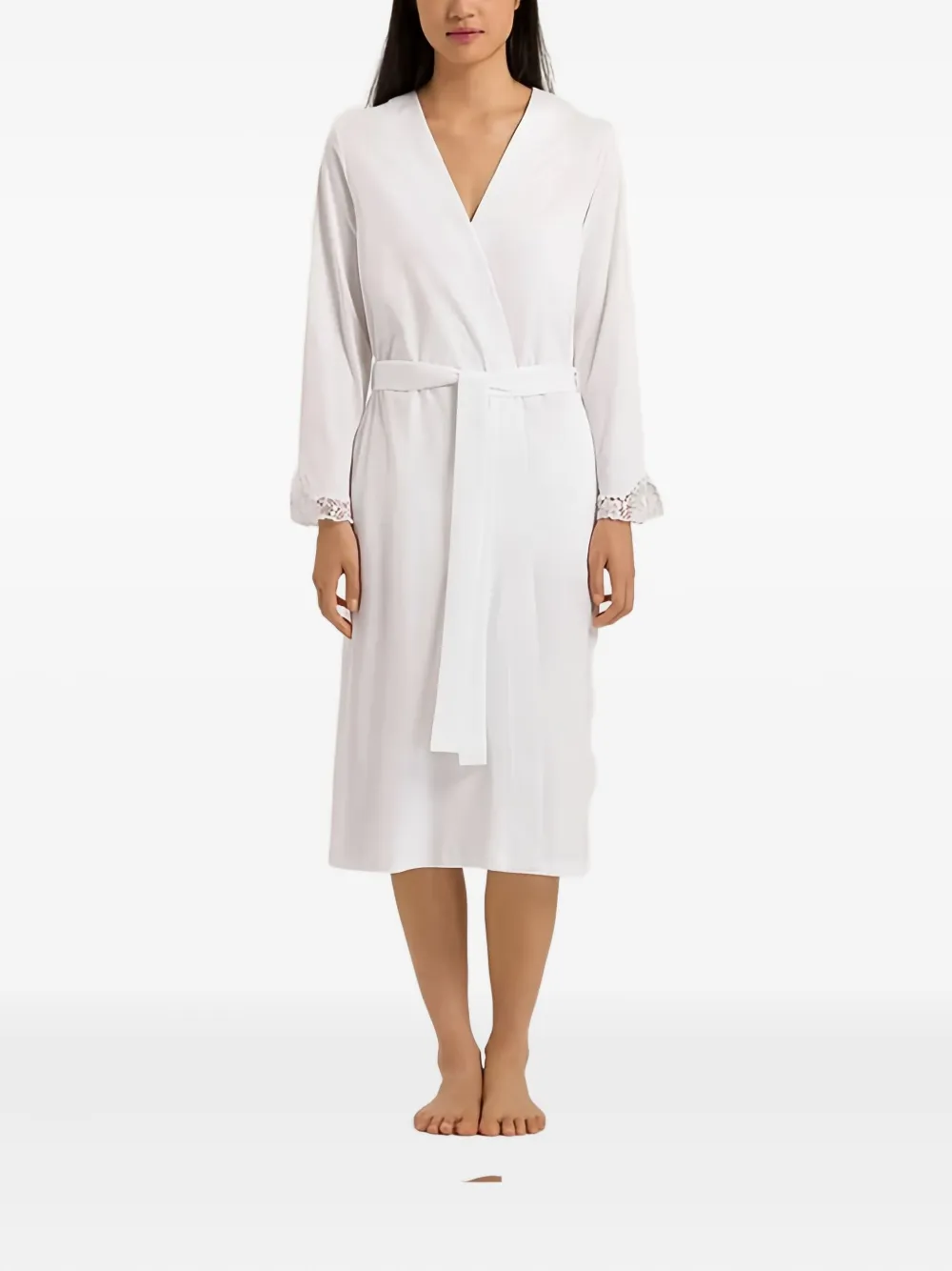 Hanro Michelle Lace-trim Belted Robe In White