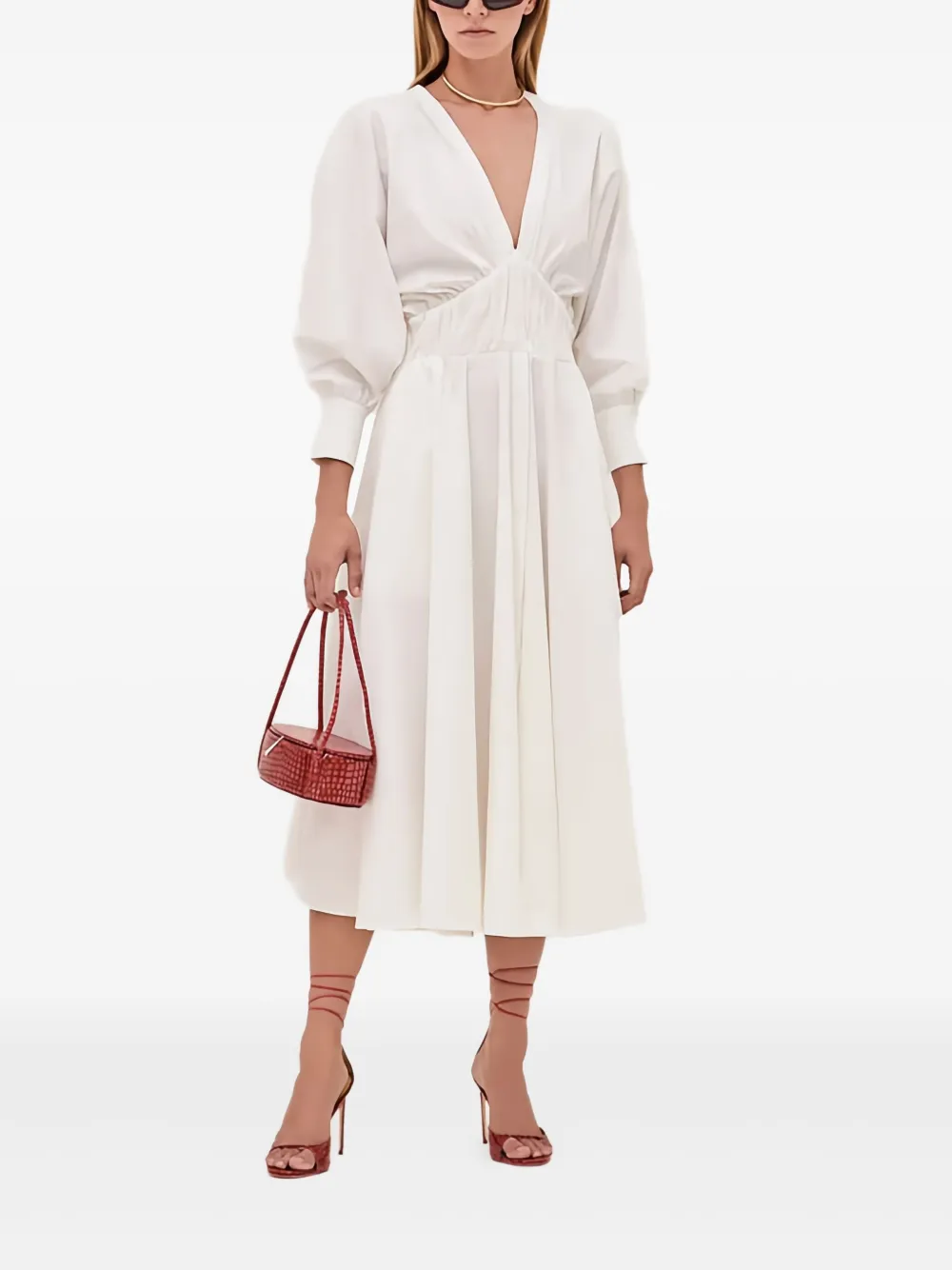 Alexis Viro gesmockte midi-jurk met V-hals - Wit