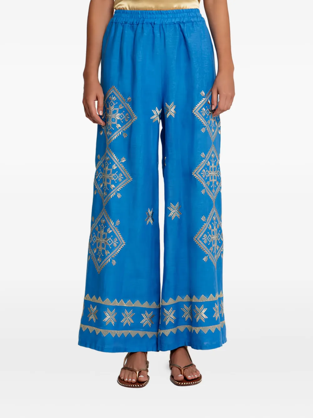 Greek Archaic Kori Lefkada Elastic-waist Embroidered Trousers In Blue