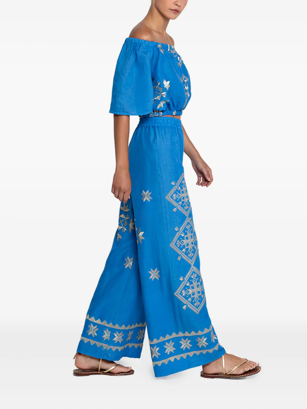 Greek Archaic Kori Lefkada Elastic-waist Embroidered Trousers In Blue