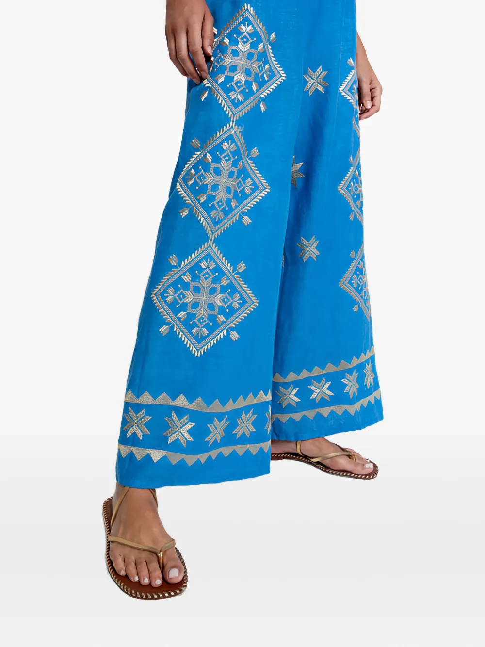 Greek Archaic Kori Lefkada Elastic-waist Embroidered Trousers In Blue