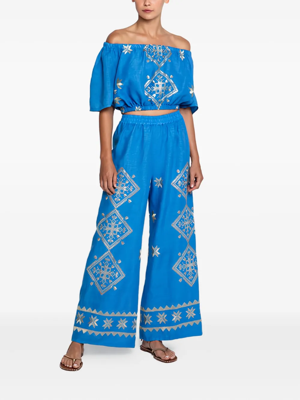 Greek Archaic Kori Lefkada Elastic-waist Embroidered Trousers In Blue