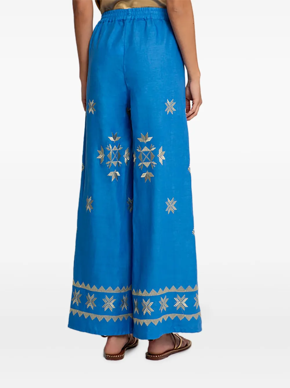 Greek Archaic Kori Lefkada Elastic-waist Embroidered Trousers In Blue