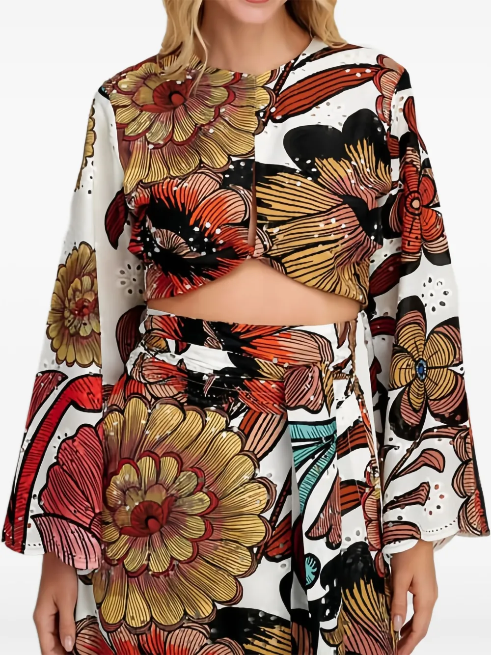 Pearl & Caviar Broderie-anglaise Long-sleeve Crop Top In Multi