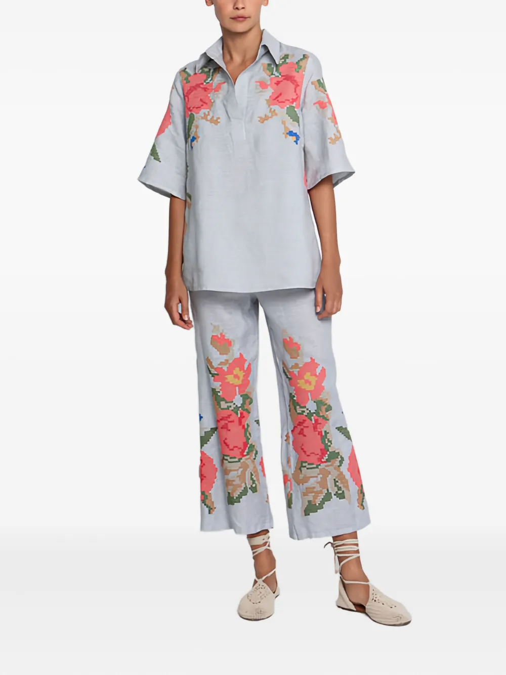 GREEK ARCHAIC KORI Shirt met geborduurde bloemen - Grijs