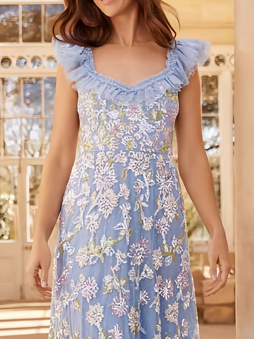 Needle & Thread Midi-jurk met pailletten en ruches Blauw