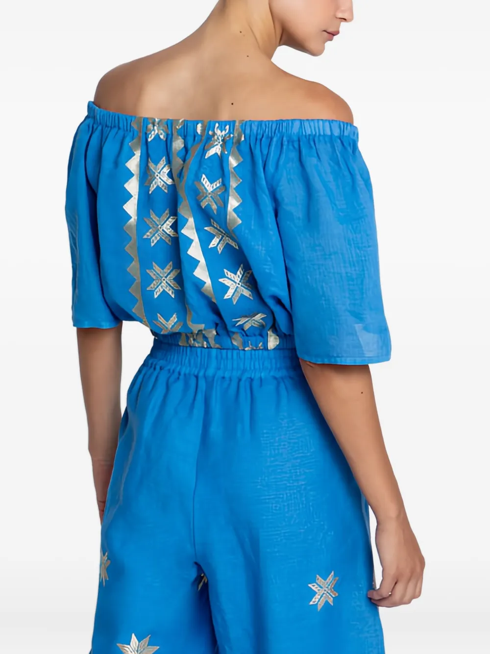 Greek Archaic Kori Strapless Embroidered Blouse In Blue