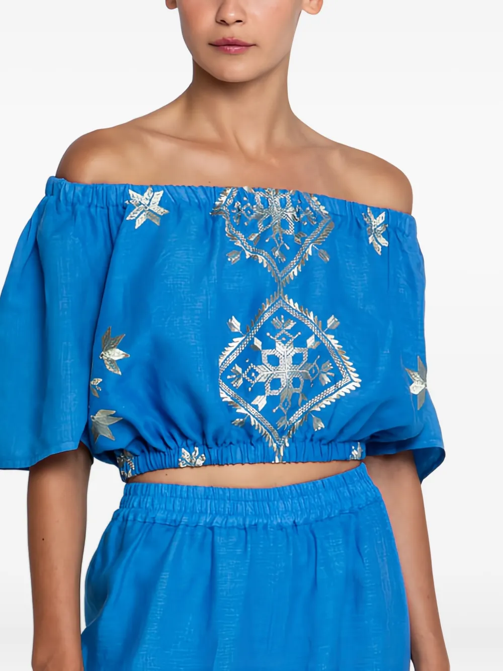 Greek Archaic Kori Strapless Embroidered Blouse In Blue