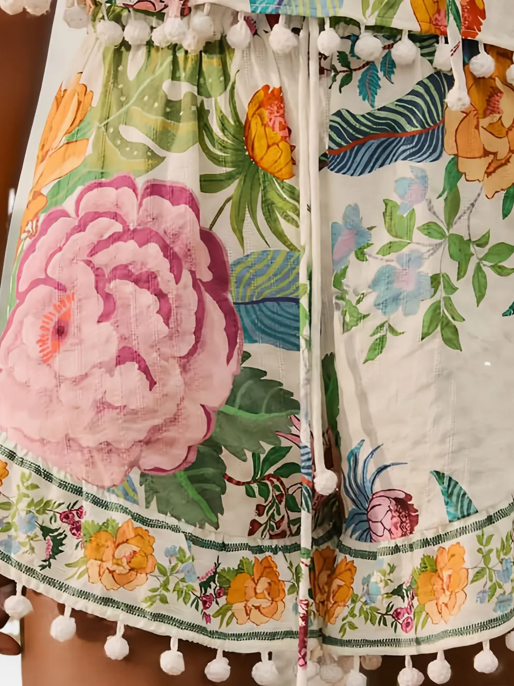 Farm Rio Sweet Bloom Floral-print Pom-pons Shorts In Neutral