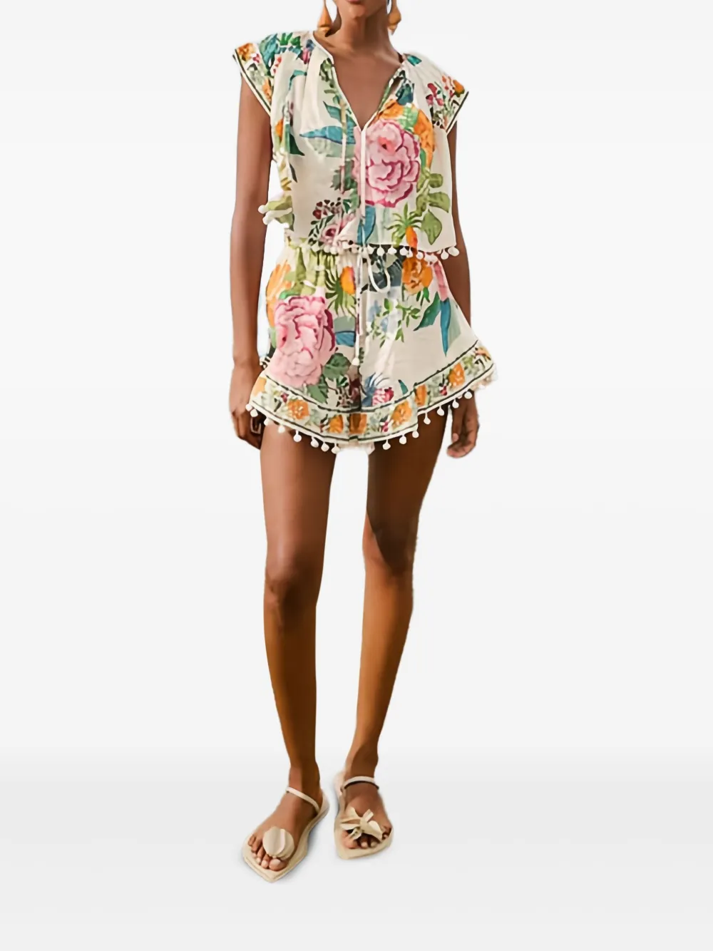 Farm Rio Sweet Bloom Floral-print Pom-pons Shorts In Neutral