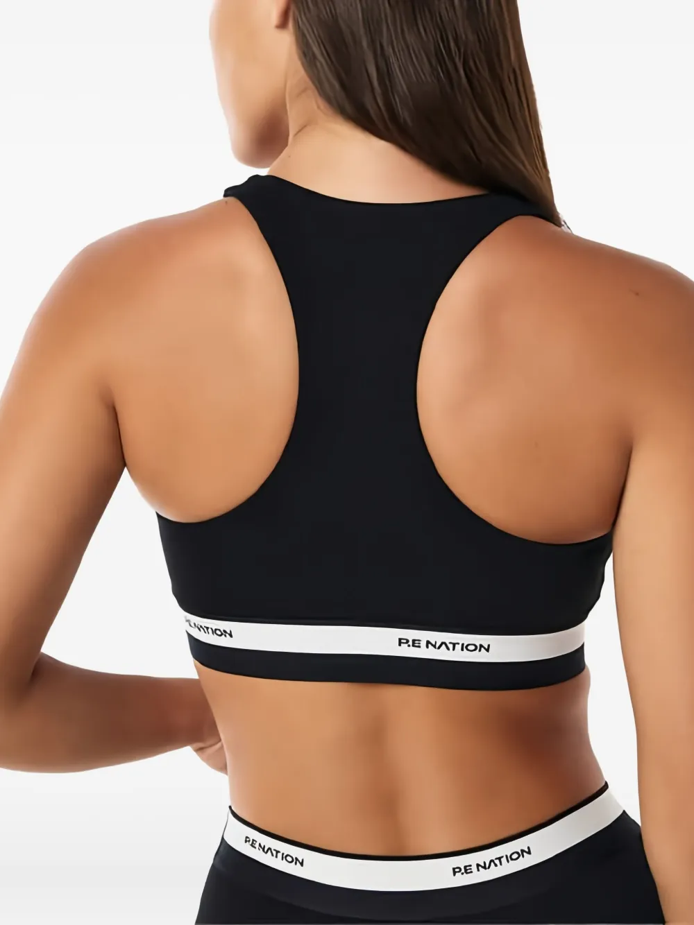 P.e Nation Avant Racerback Logo-band Sports Bra In Black