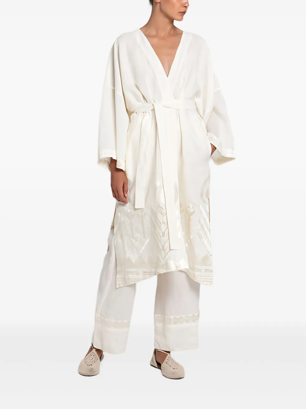 GREEK ARCHAIC KORI Feather wikkelblouse met borduurwerk en ceintuur - Beige