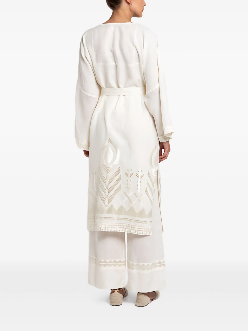 GREEK ARCHAIC KORI Feather wikkelblouse met borduurwerk en ceintuur Beige
