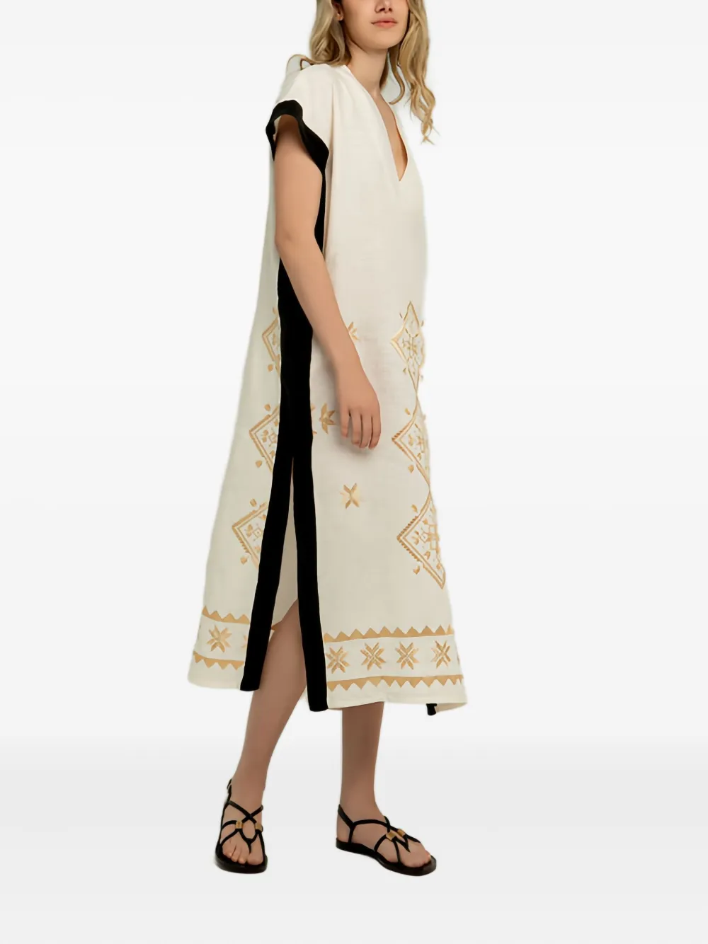 Greek Archaic Kori Geometric Embroidered Midi Dress In Neutral