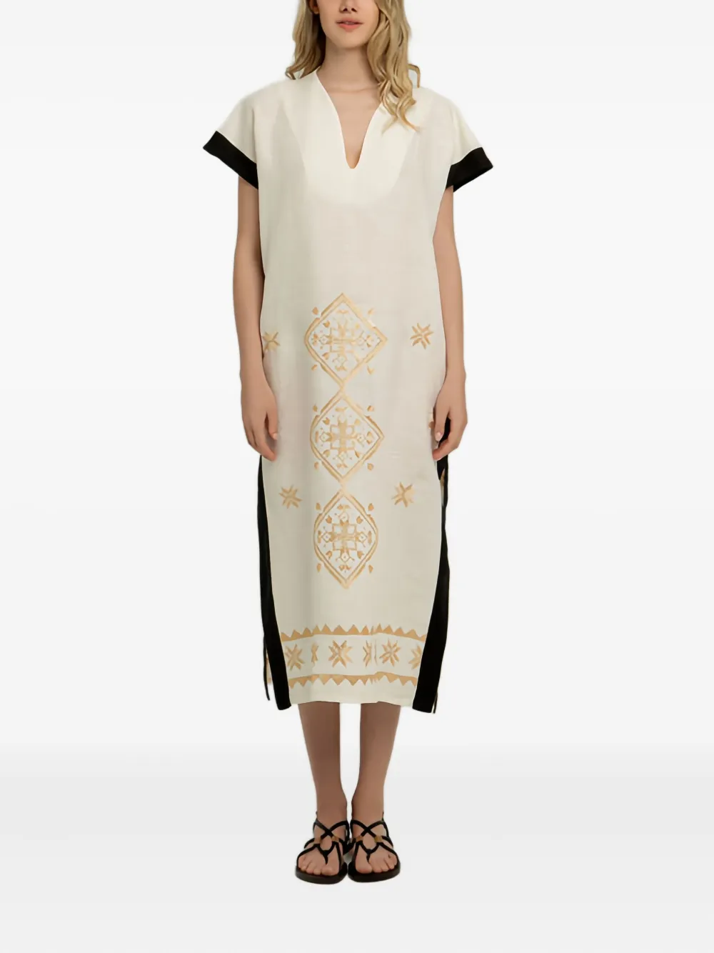 Greek Archaic Kori Geometric Embroidered Midi Dress In Neutral
