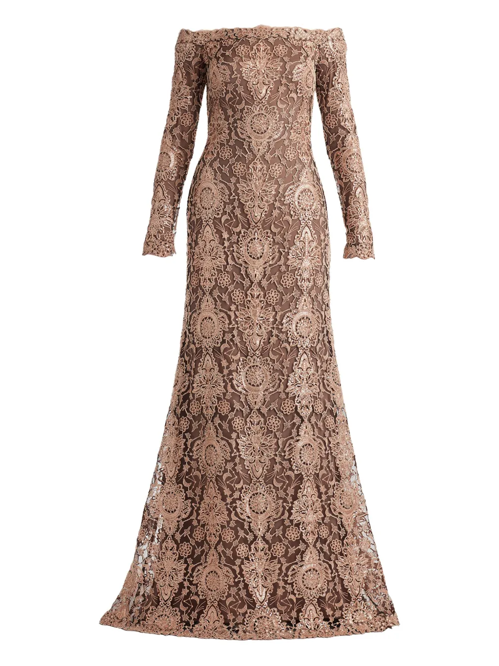 Tadashi Shoji Elisara Sequin Embroidered Gown In Brown