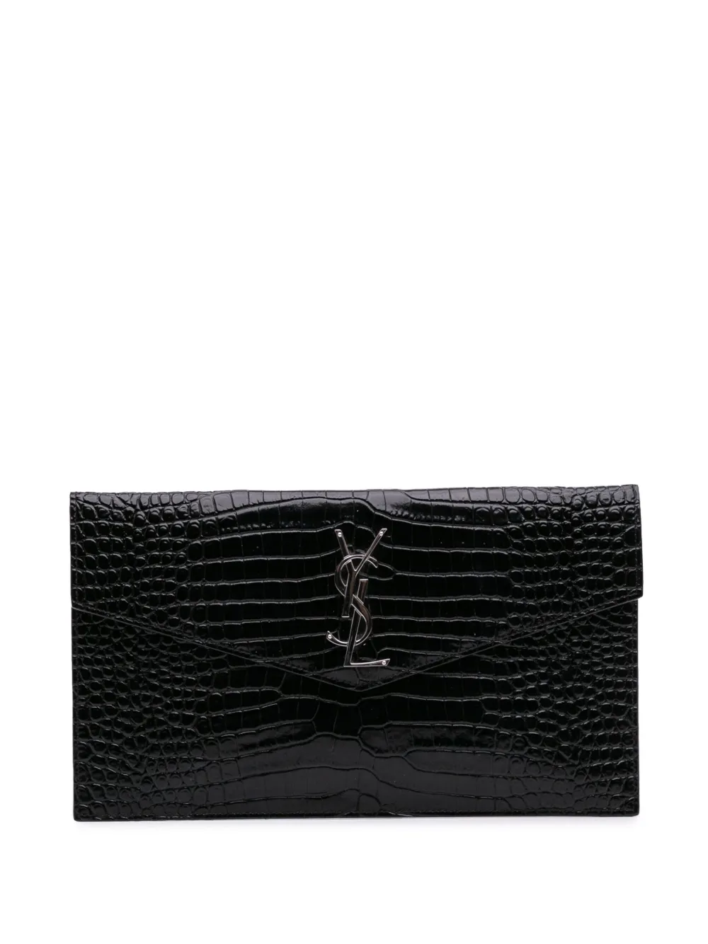Pre-owned Saint Laurent 2020 Croc Embossed Patent Leather Uptown Pouch Clutch Bag In Black