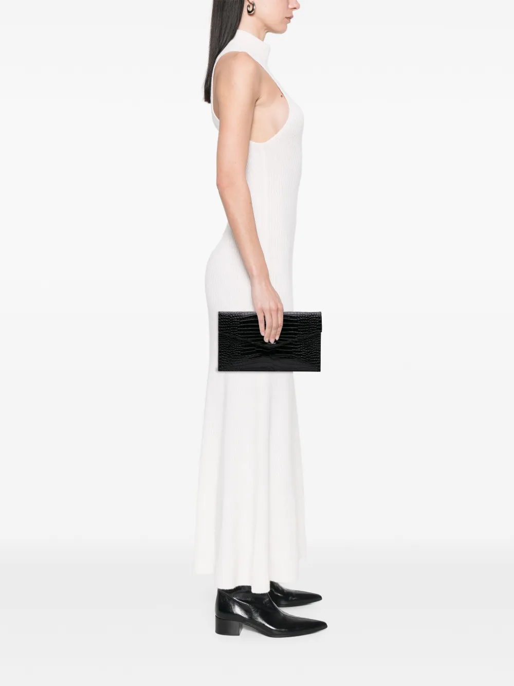 Pre-owned Saint Laurent 2020 Croc Embossed Patent Leather Uptown Pouch Clutch Bag In Black