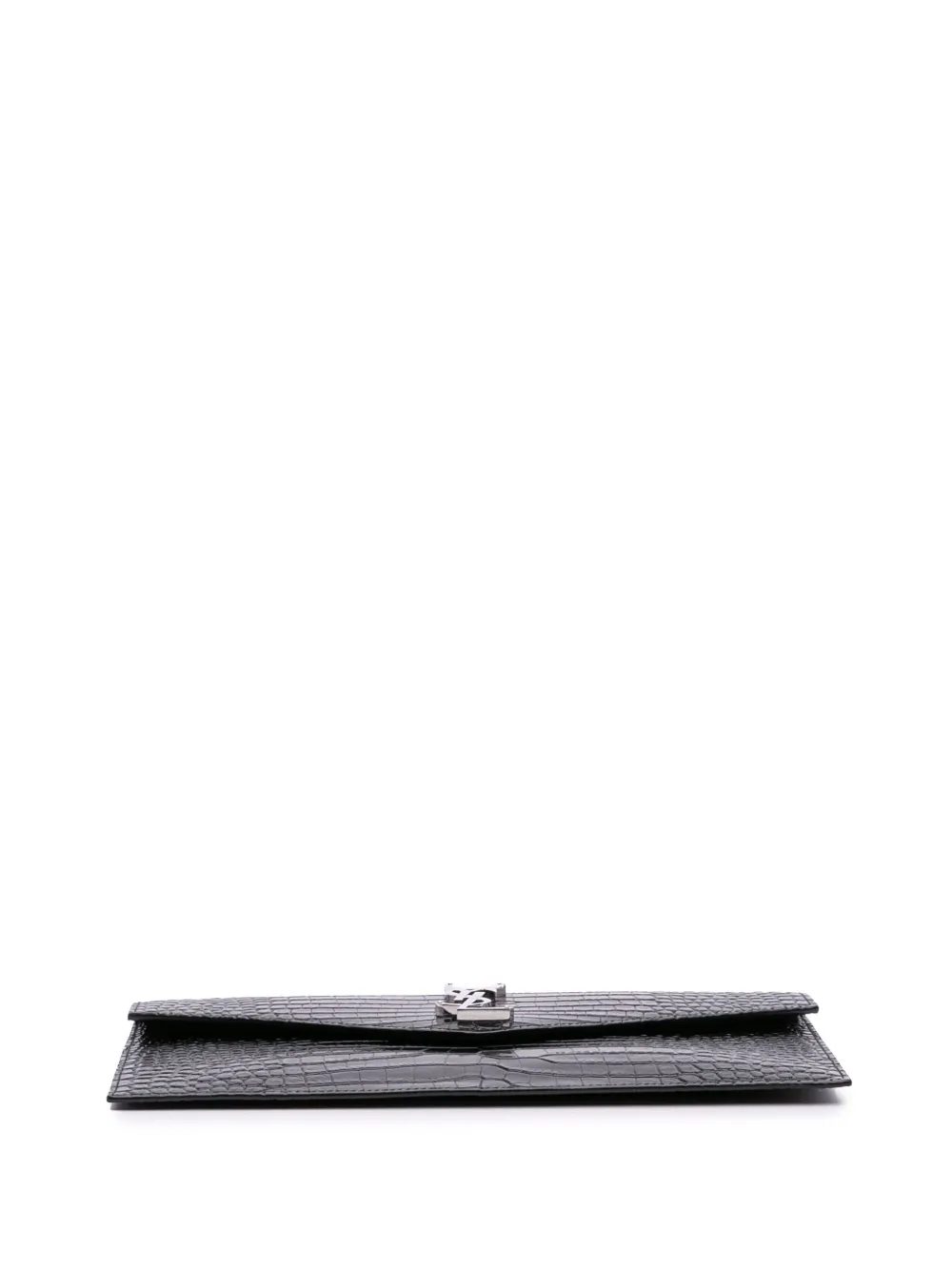 Pre-owned Saint Laurent 2020 Croc Embossed Patent Leather Uptown Pouch Clutch Bag In Black
