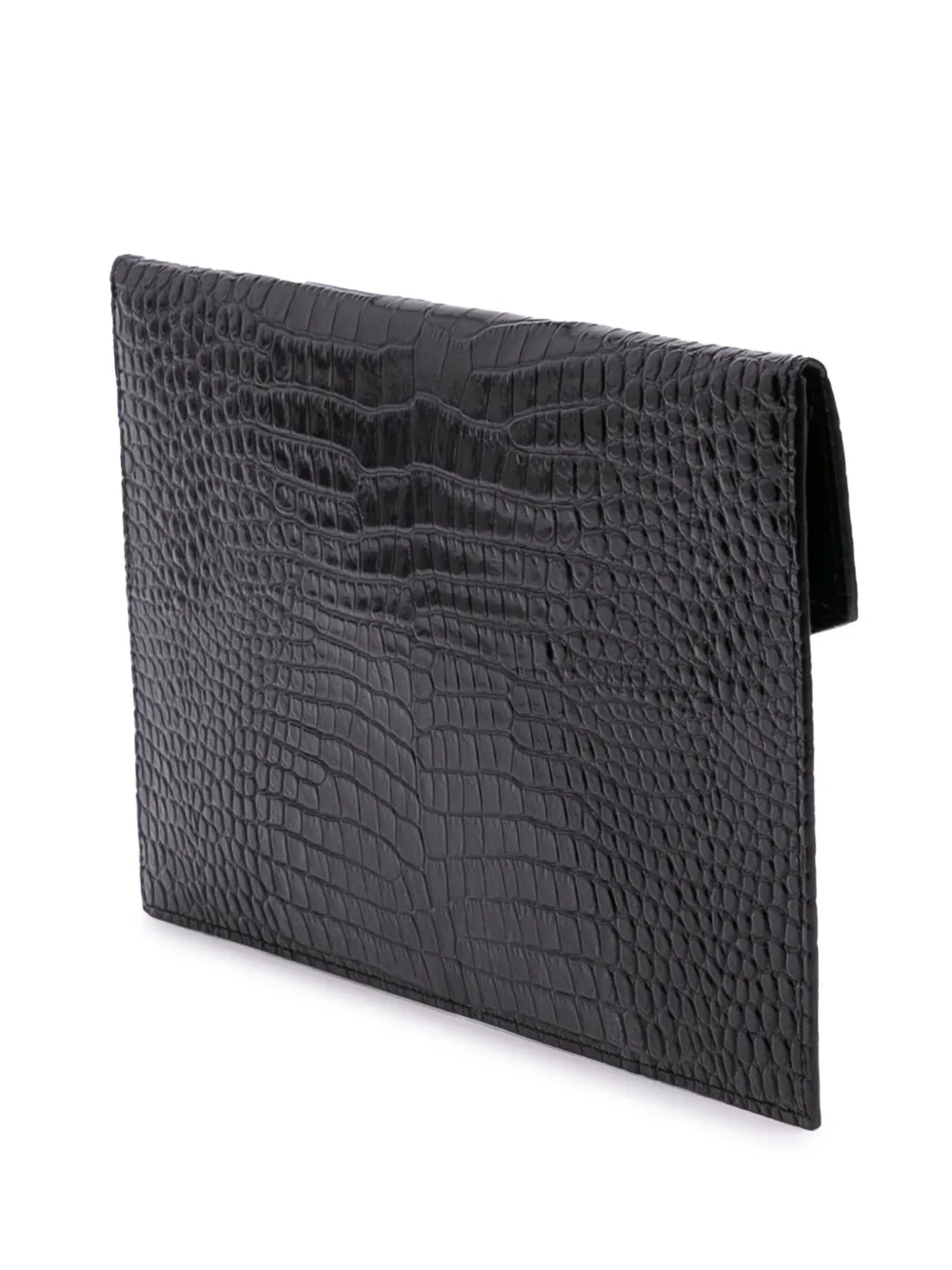 Pre-owned Saint Laurent 2020 Croc Embossed Patent Leather Uptown Pouch Clutch Bag In Black