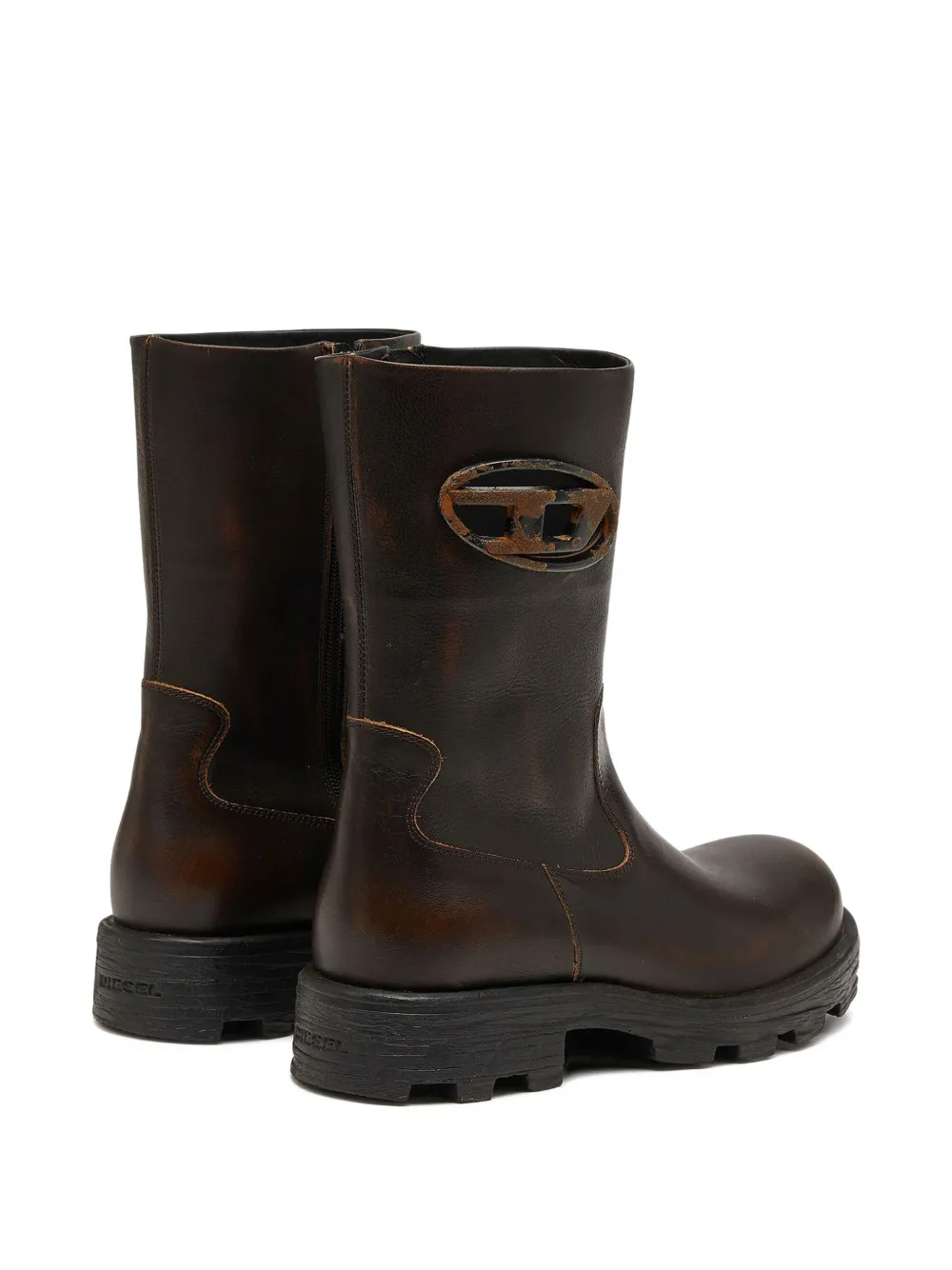 Diesel D-hammer-cut-out Leather Boots With Oxidised Hardware In Brown